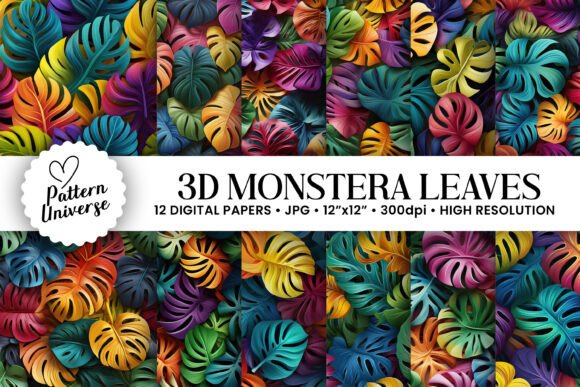 3D Colorful Monstera Leaves Patterns