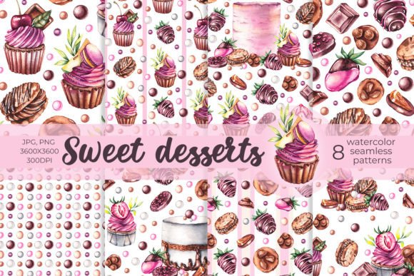 Watercolor Sweet Desserts Patterns JPG for Creators